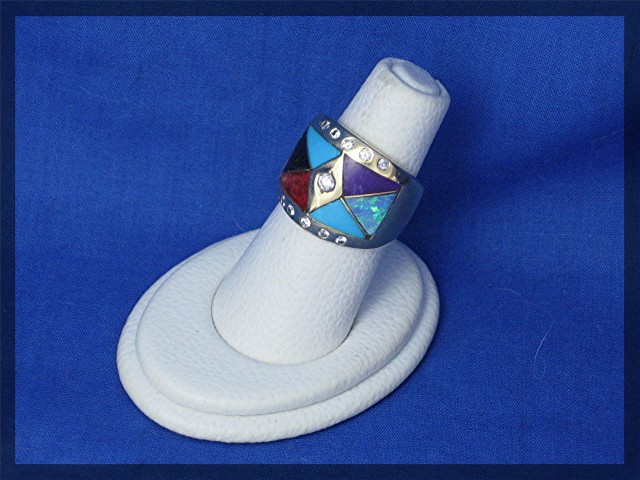 Ring 18K Gold Diamond Turquoise Coral Onyx Opal