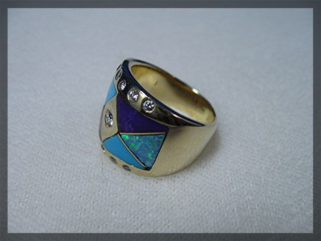 Ring 18K Gold Diamond Turquoise Coral Onyx Opal