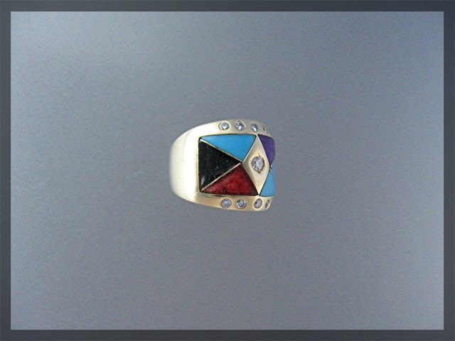 Ring 18K Gold Diamond Turquoise Coral Onyx Opal