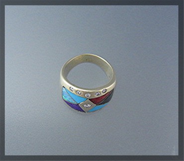 Ring 18K Gold Diamond Turquoise Coral Onyx Opal