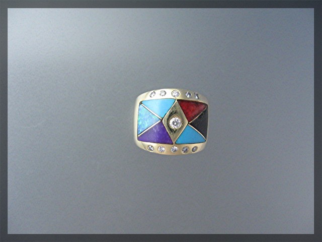 Ring 18K Gold Diamond Turquoise Coral Onyx Opal