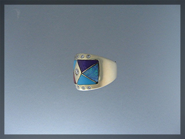 Ring 18K Gold Diamond Turquoise Coral Onyx Opal
