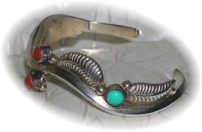 Native American Sterling SilverCoral Turquois E. CURLEY