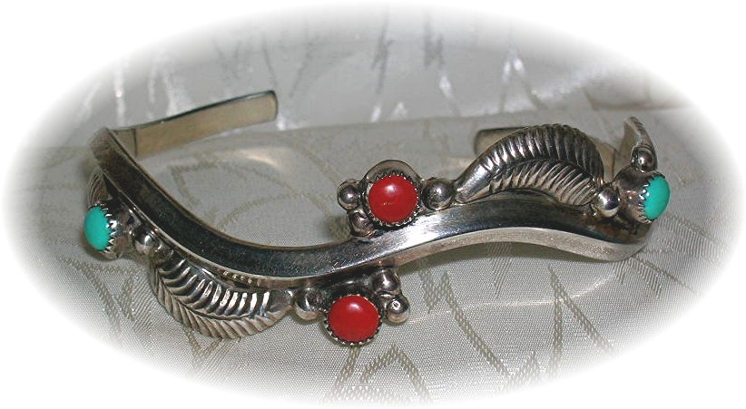Native American Sterling SilverCoral Turquois E. CURLEY