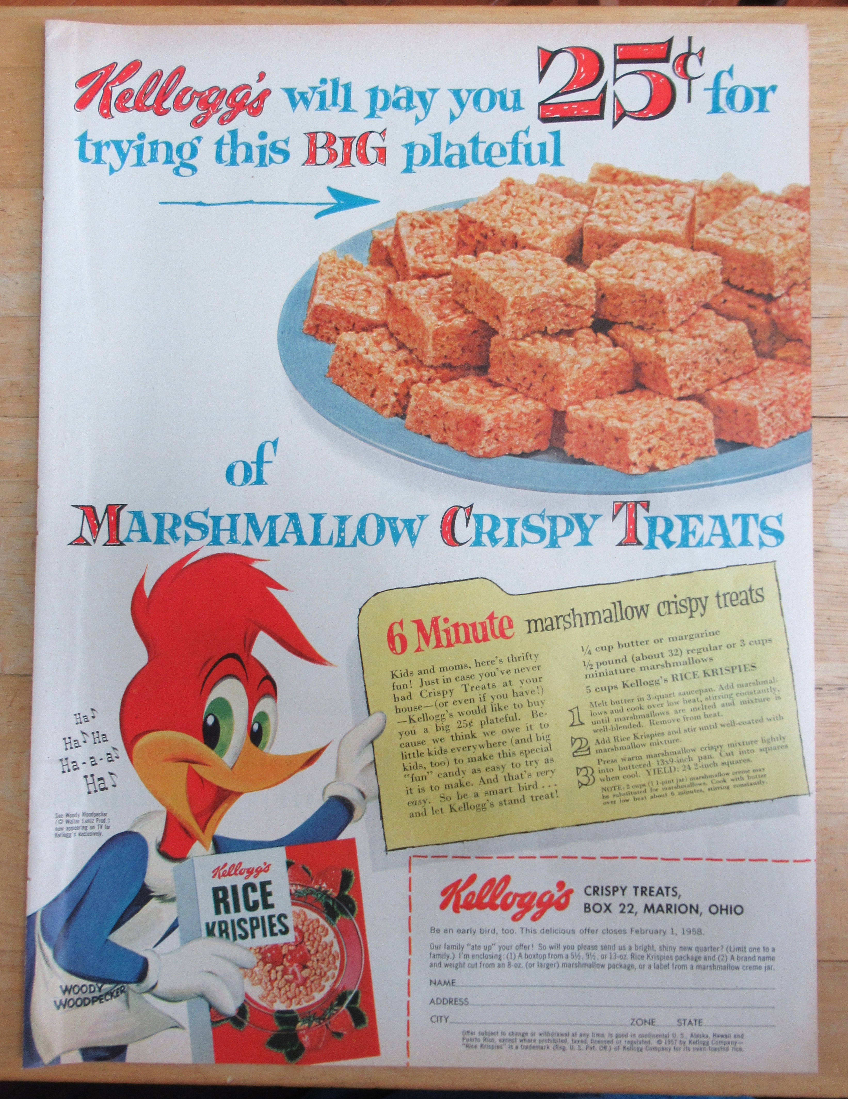 1957 Rice Krispies Treats with TV's Woody Woodpecker
