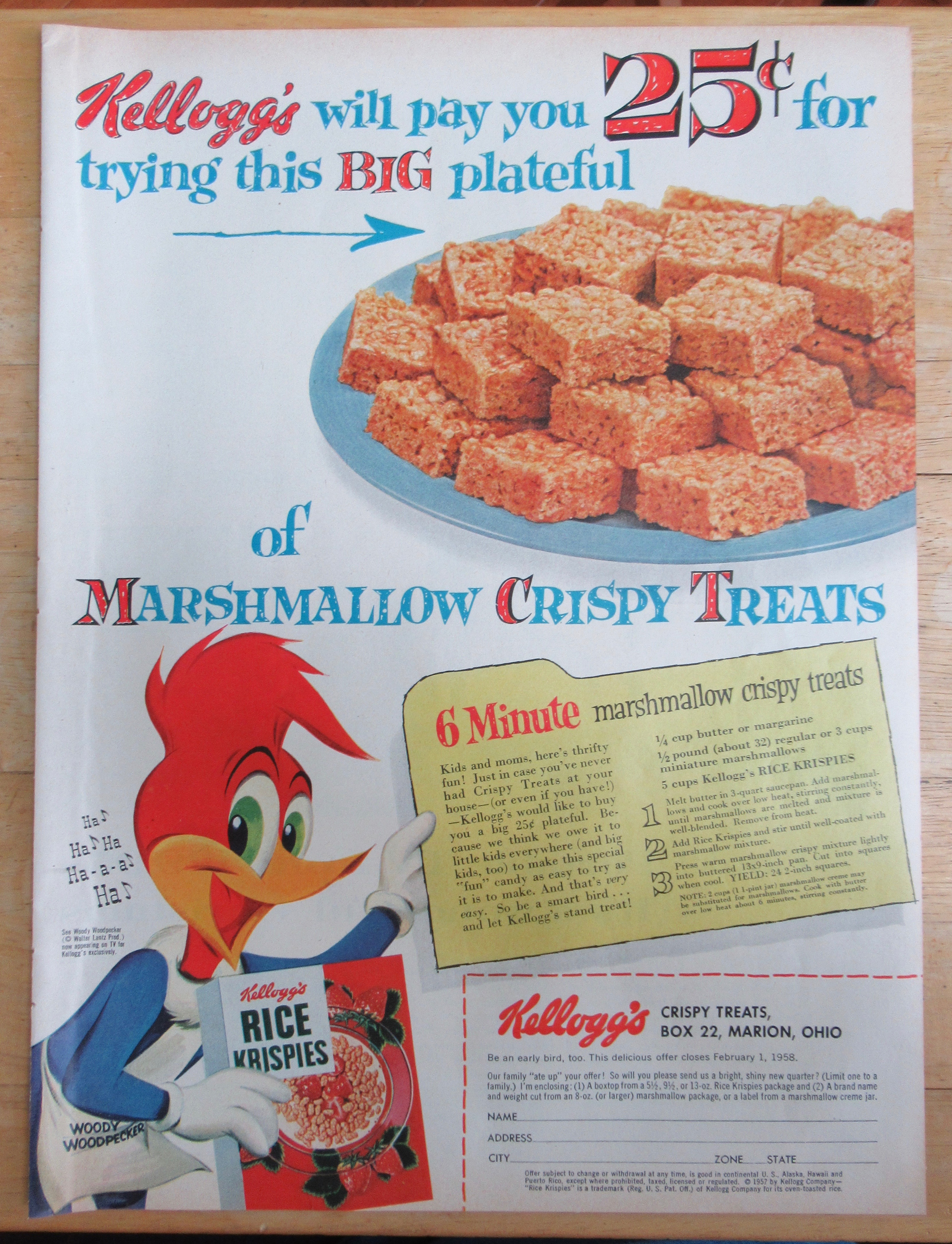 1957 Rice Krispies Treats with TV's Woody Woodpecker