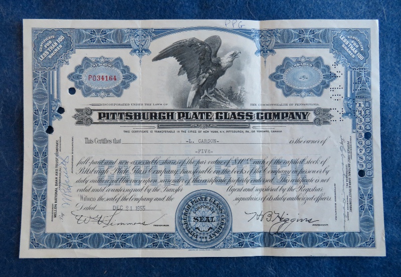1955 Pittsburgh Plate Glass Company Stock Certificate