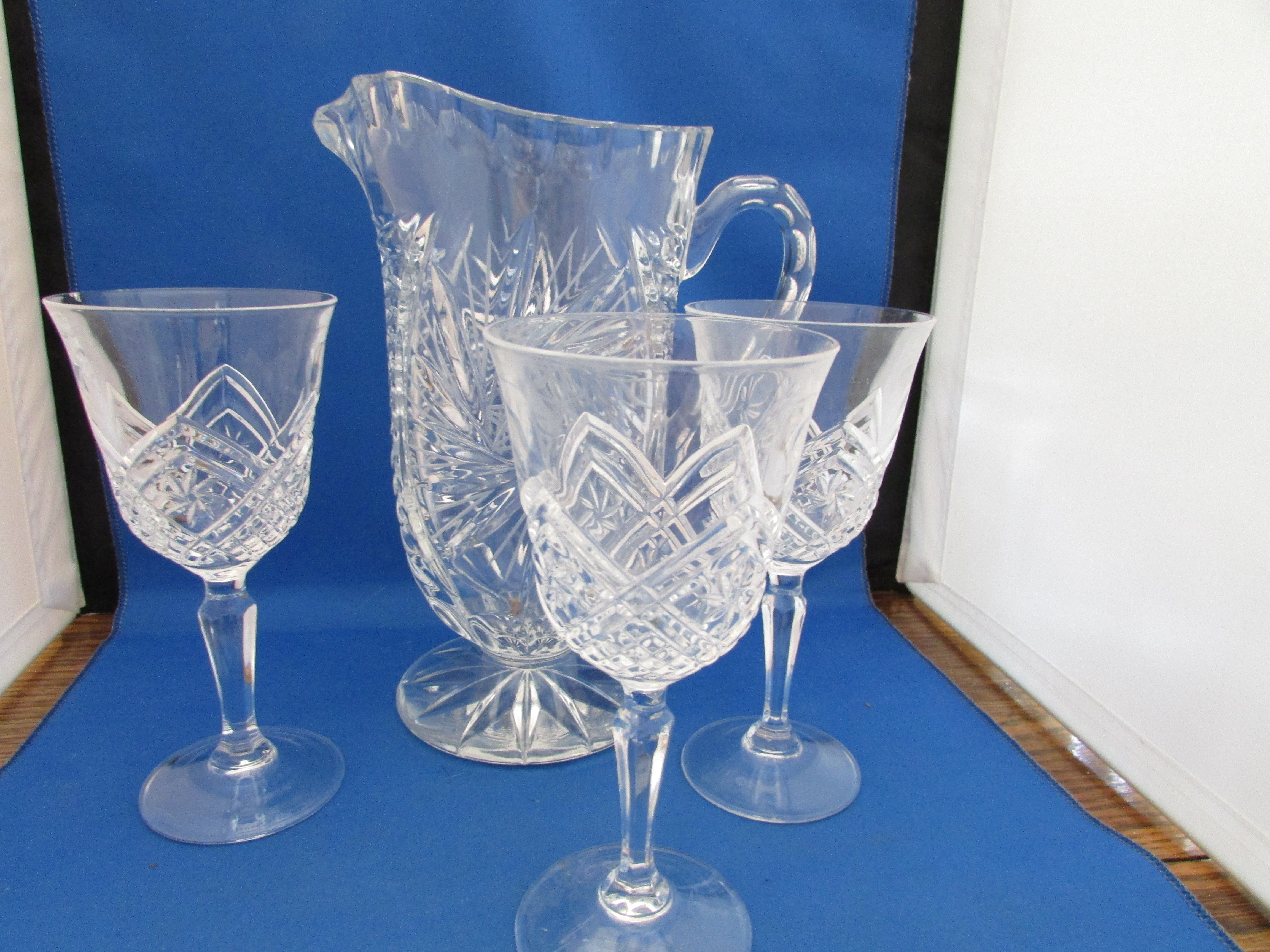 Cut Glass Crystal Pitcher and Two Matching Glasses