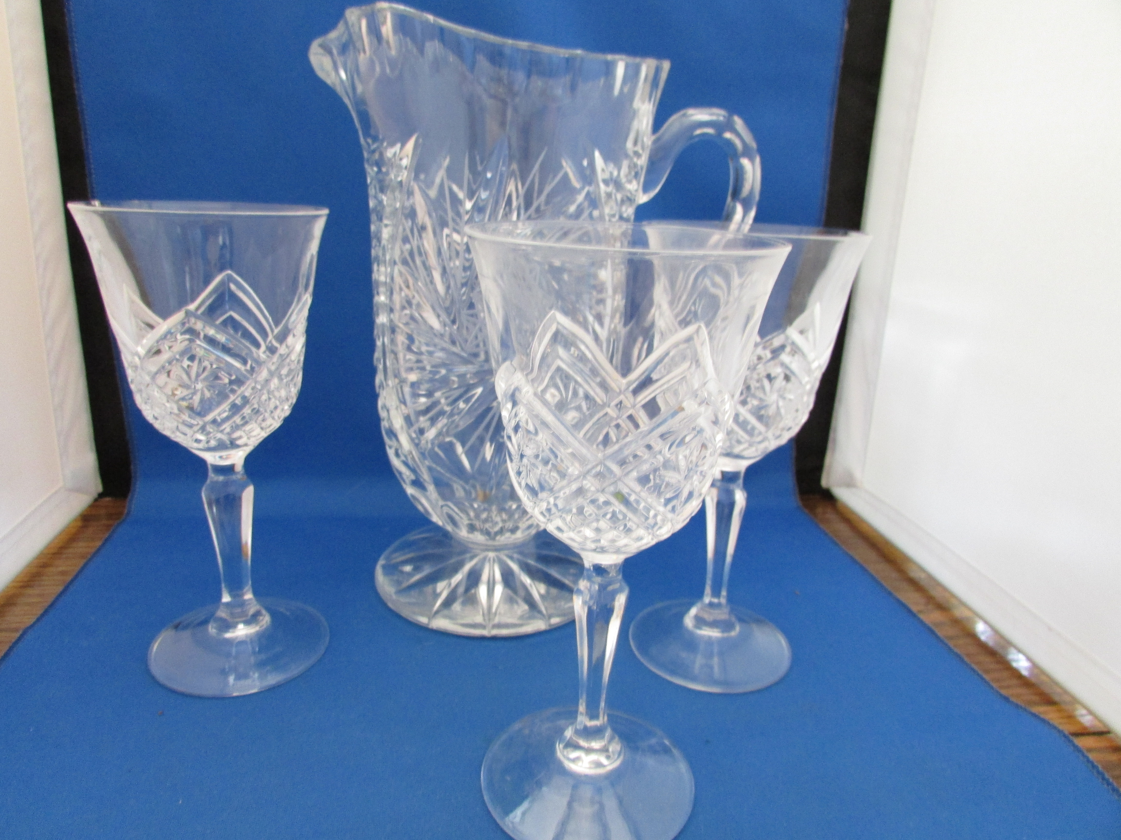 Cut Glass Crystal Pitcher and Two Matching Glasses