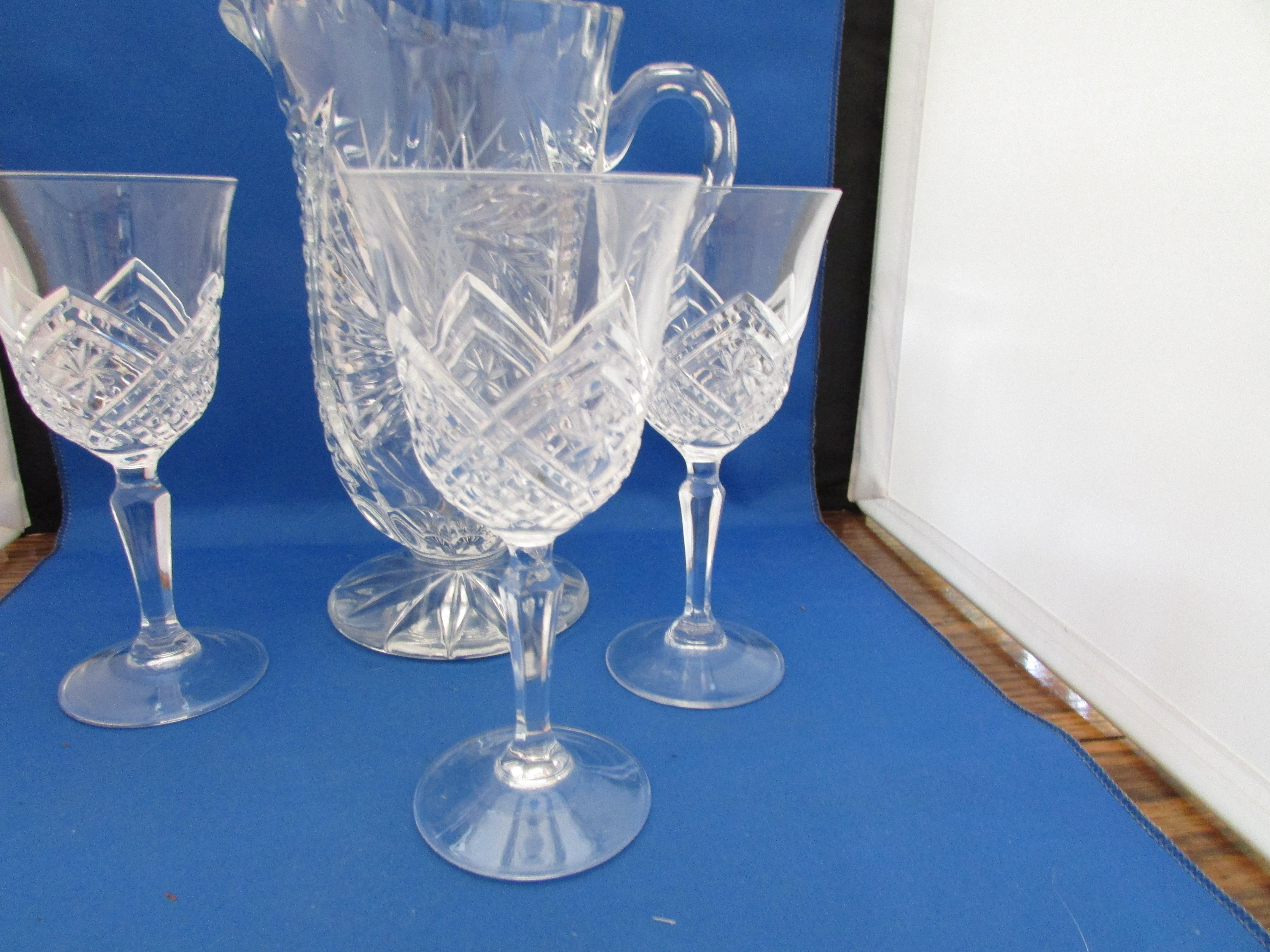 Cut Glass Crystal Pitcher and Two Matching Glasses