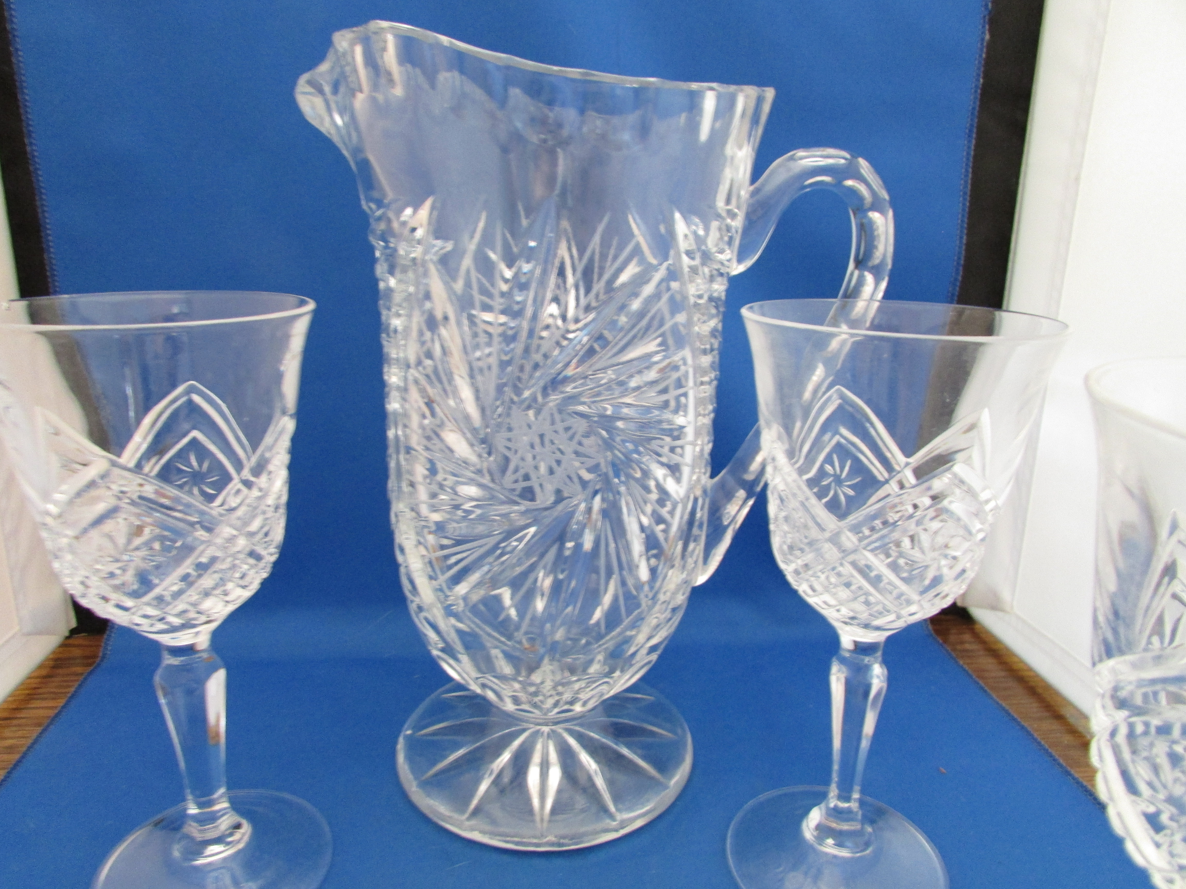 Cut Glass Crystal Pitcher and Two Matching Glasses