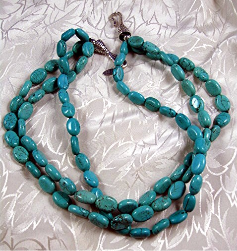EX EX Sterling Silver Kingman Turquoise 3 Strand Neckla