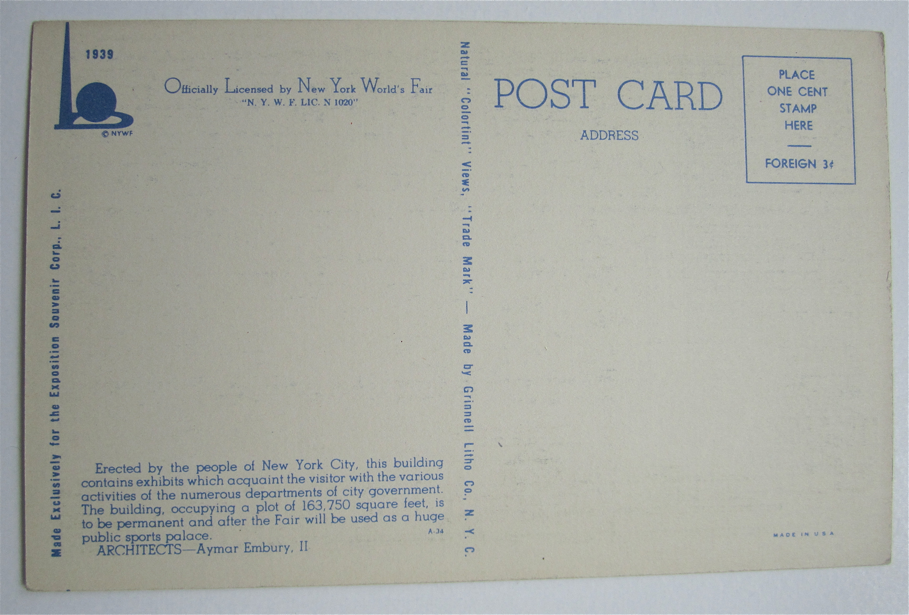New York City Building, New York World Fair Postcard