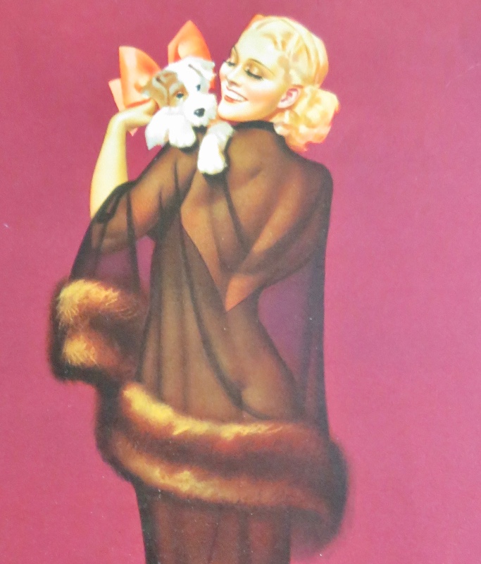 1940's Petty Pin Up Girl Wearing Lingerie While Holding A Puppy Dog With A Bow By George Petty