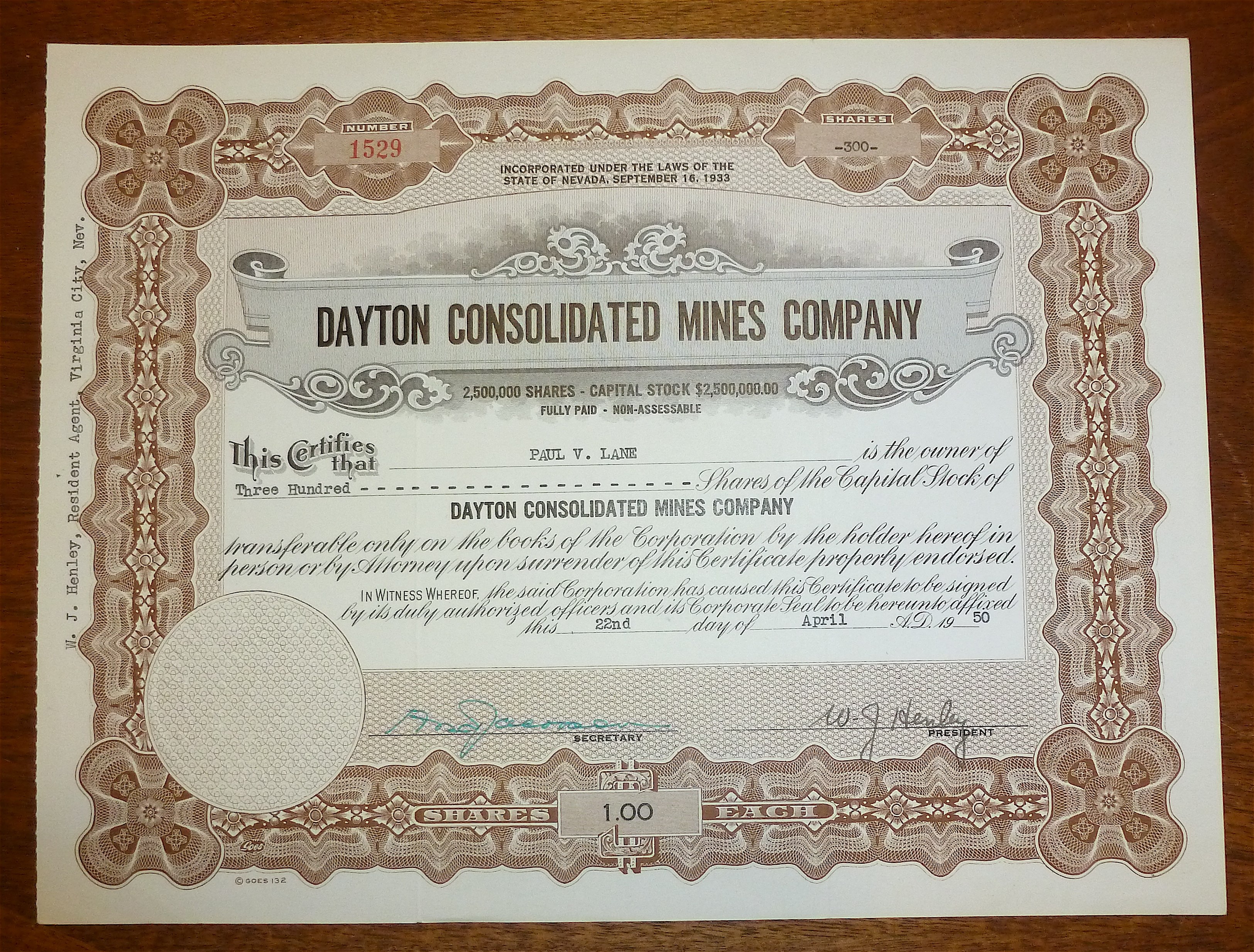1950 Dayton Consolidated Mines Co. Stock Certificate