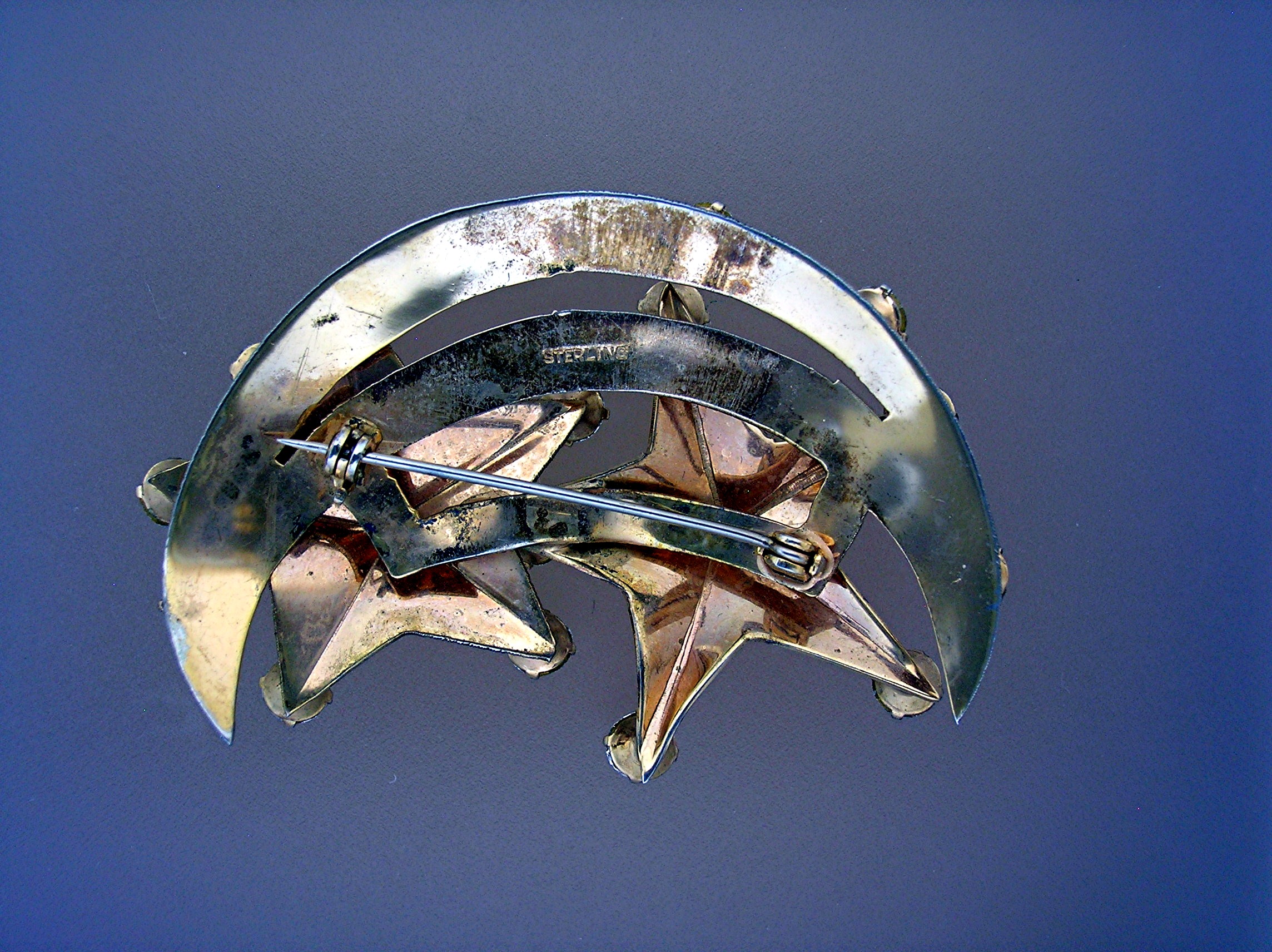 Sterling Silver gold Vermeil Crystal Stars Moon Brooch