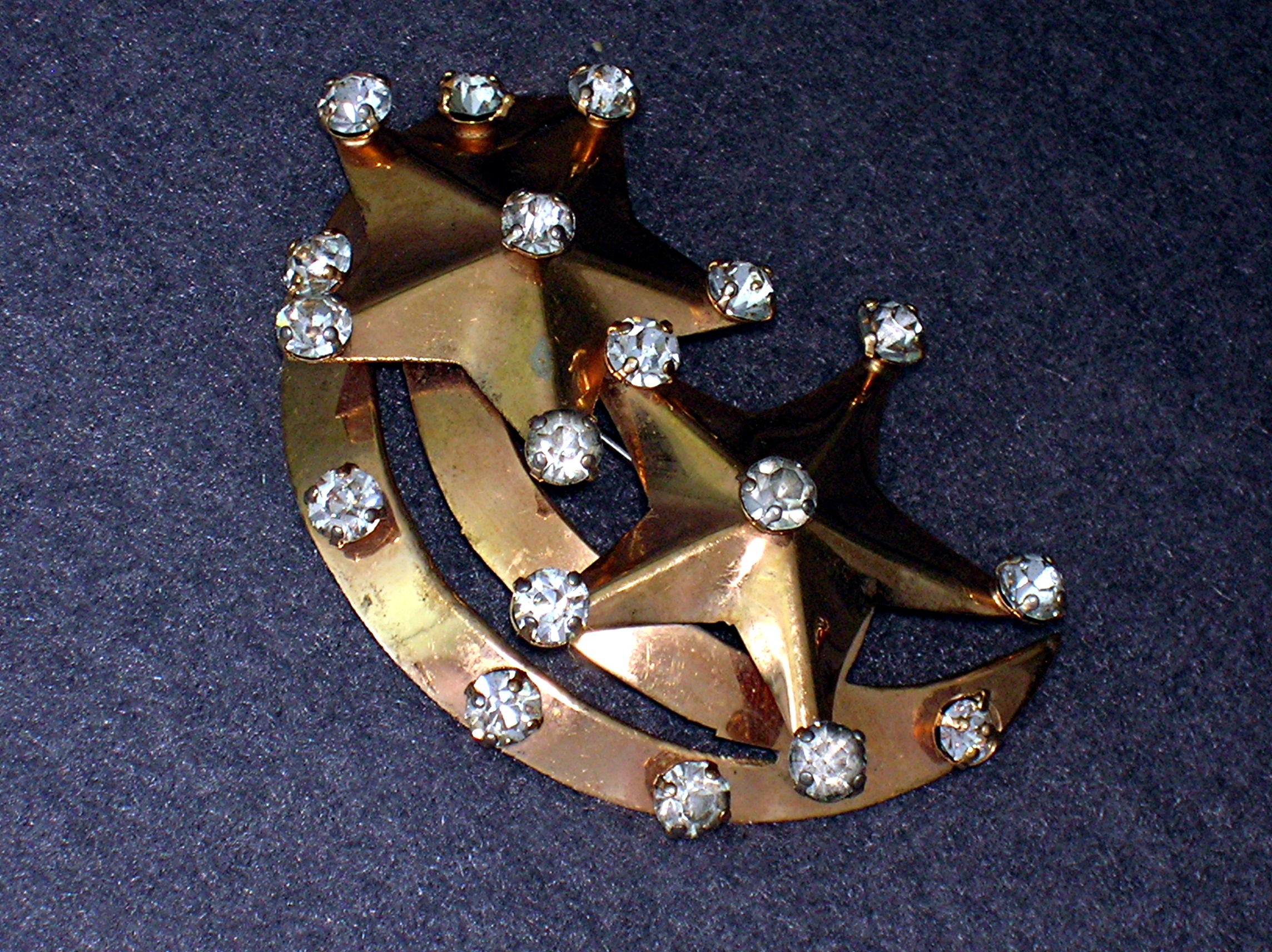 Sterling Silver gold Vermeil Crystal Stars Moon Brooch