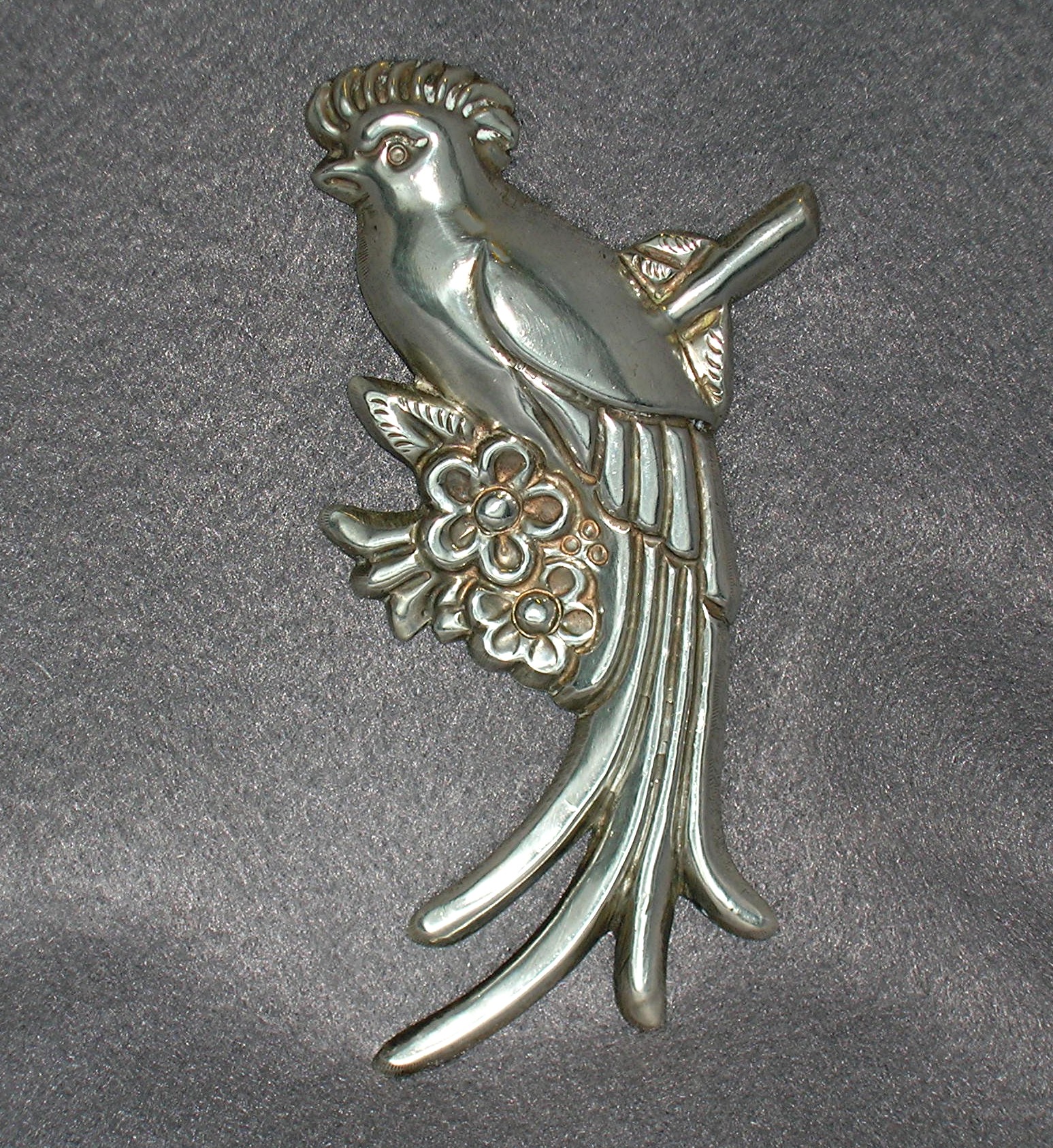 Mexico Silver 4 3/4 Inch Plumed Bird Brooch