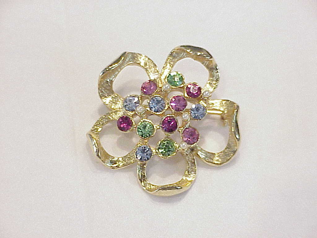 Flower Brooch With Pastel Rhinestones And Faux Seed Pearls