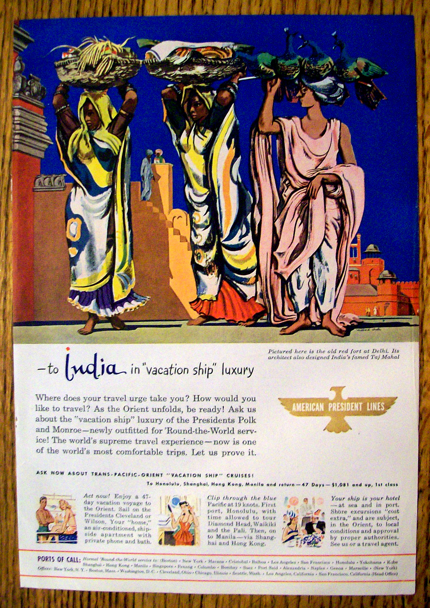 1947 American President Lines w/ Old Red Fort at Delhi