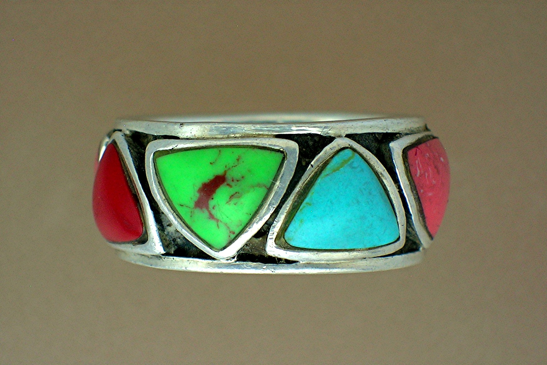 Sterling Silver Coral Turquoise Band Hearts Ring