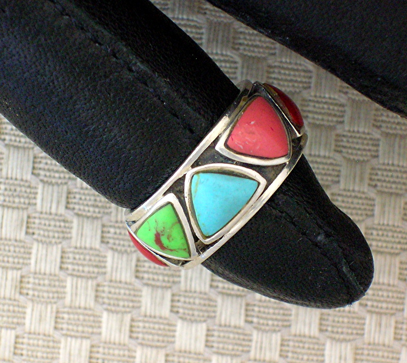 Sterling Silver Coral Turquoise Band Hearts Ring