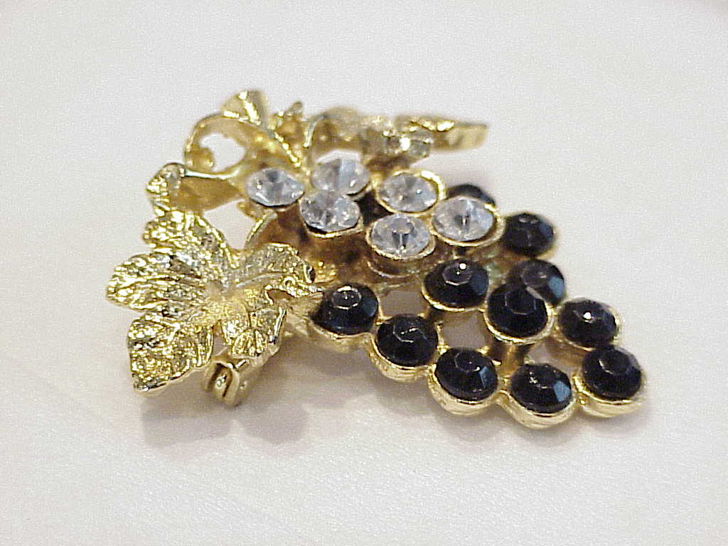 Dark Purple Or Black And Clear Rhinestone Grape Bunch With Ivy Brooch