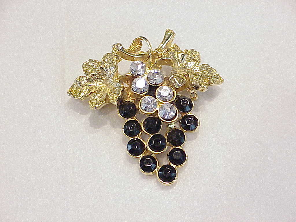 Dark Purple Or Black And Clear Rhinestone Grape Bunch With Ivy Brooch
