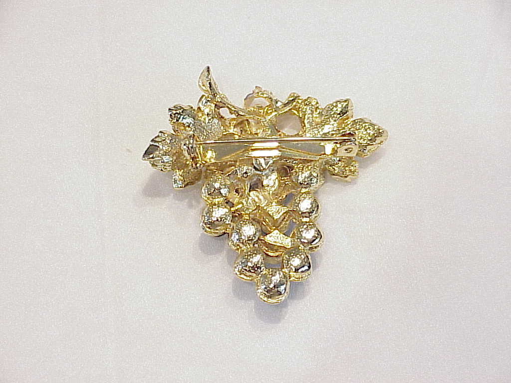 Dark Purple Or Black And Clear Rhinestone Grape Bunch With Ivy Brooch
