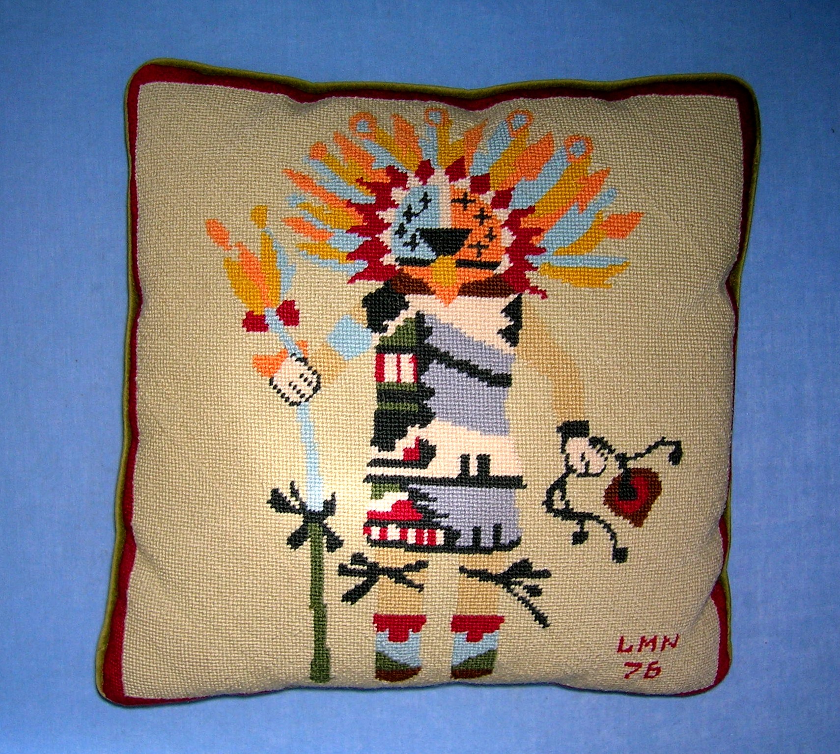 NEEDLE POINT KACHINA DOLL PILLOW signed