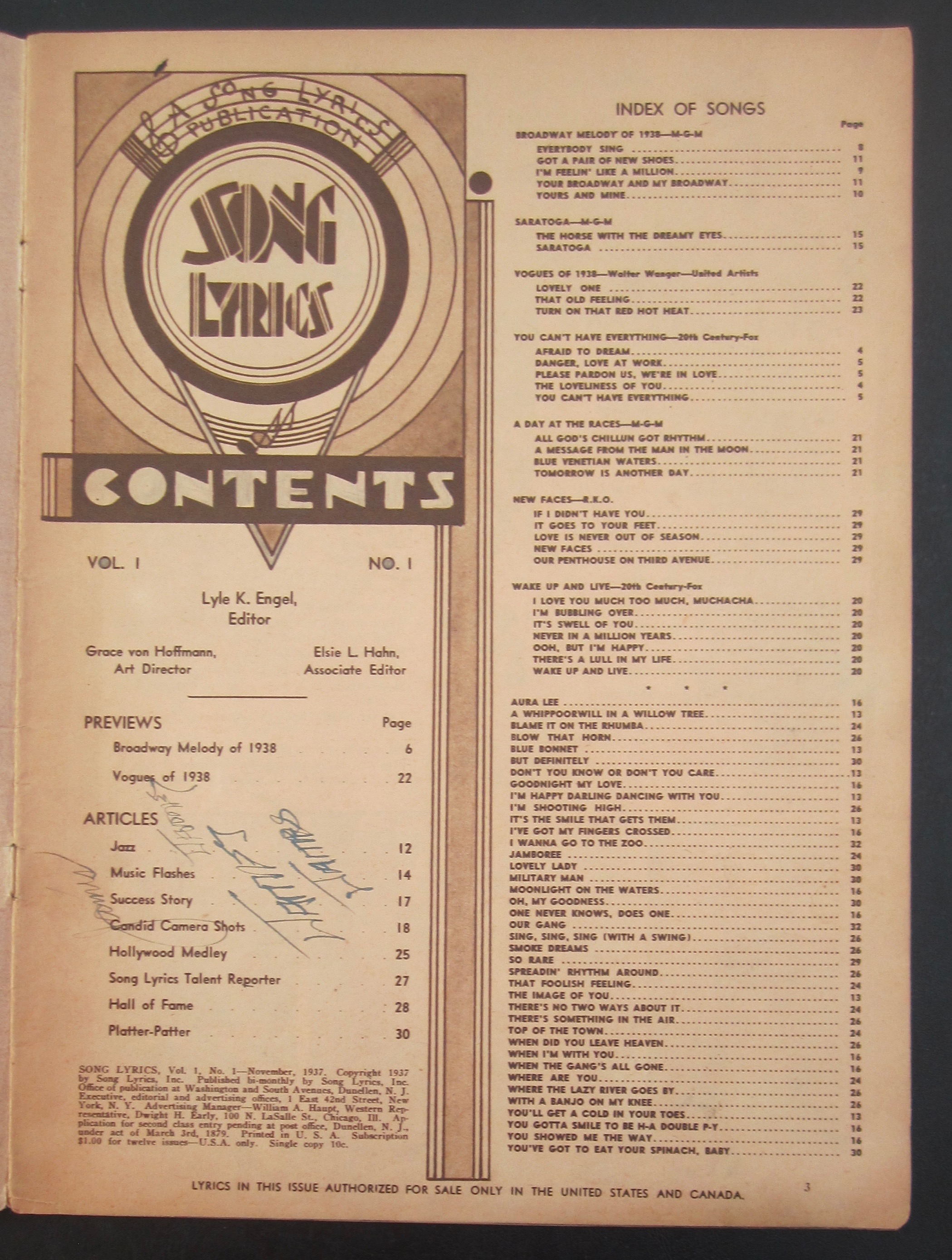 Song Lyrics Magazine November 1937 Taylor & Powell