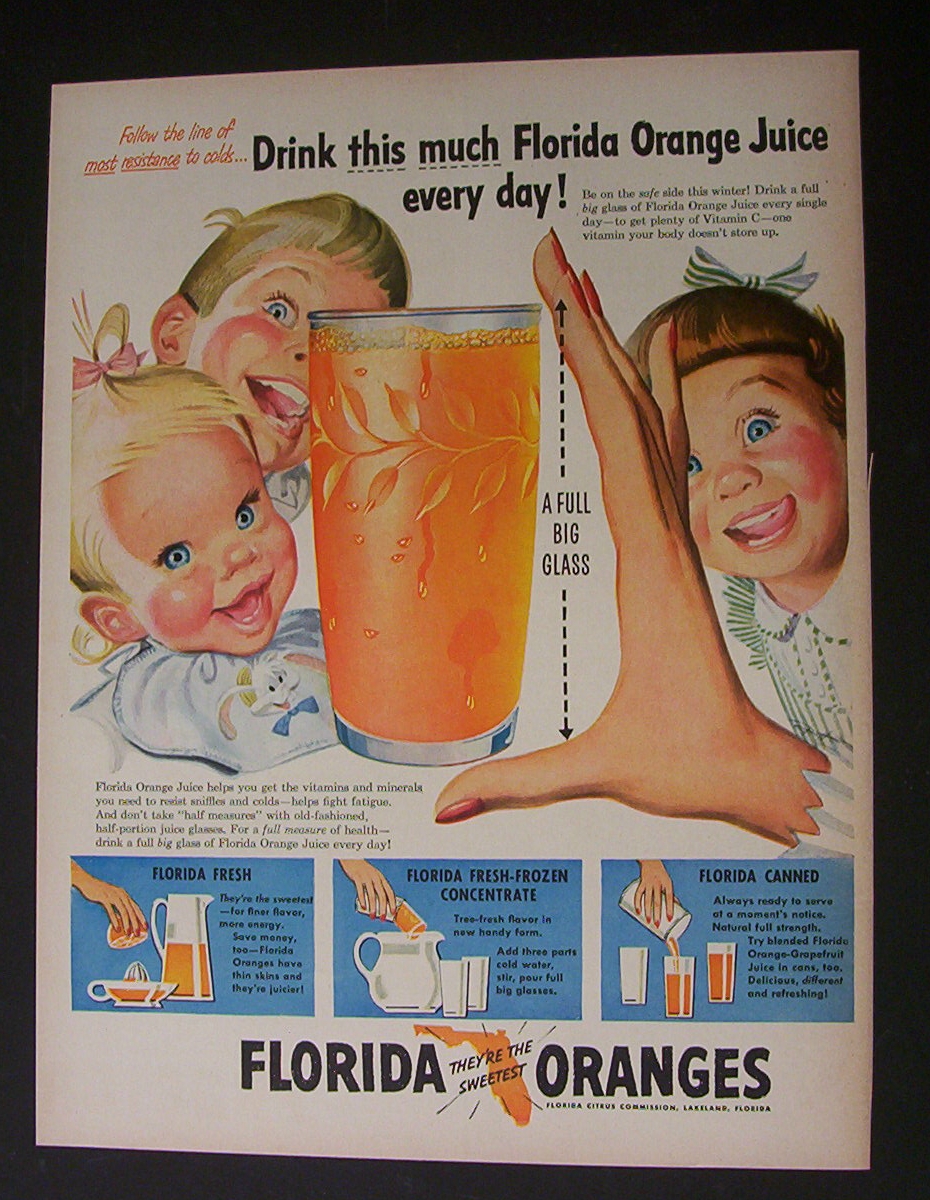 1951 Dual Ad: Florida Oranges  &  Post Sugar Crisp