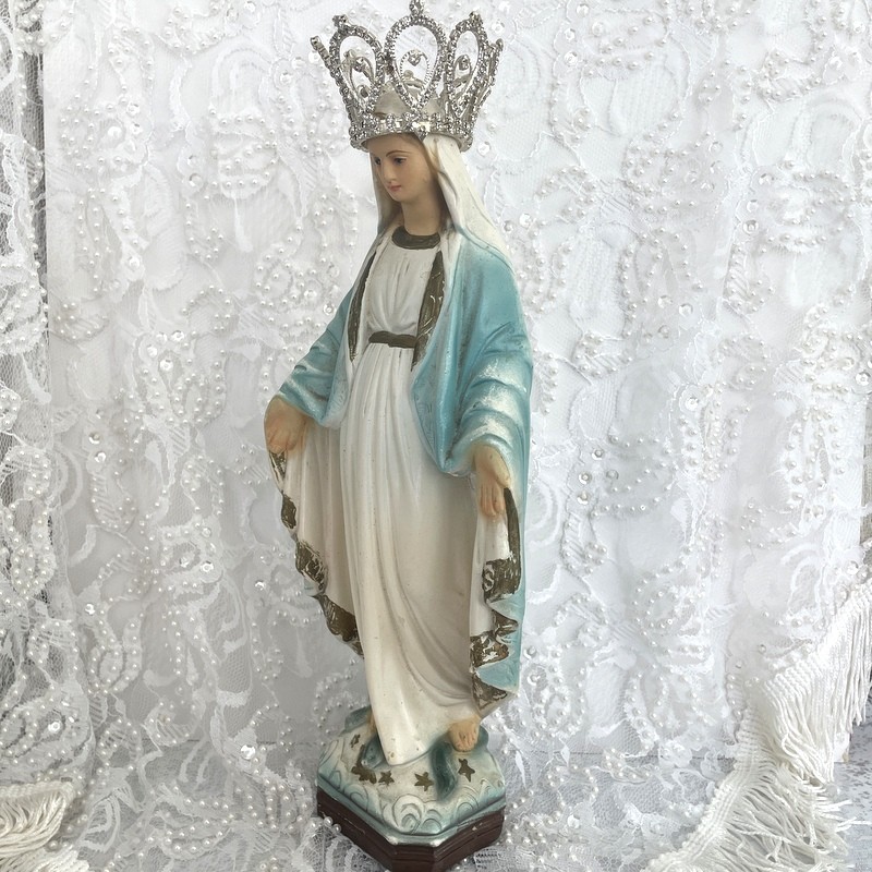Vintage Chalkware Virgin Mary Statue, Crowned Antique Our Lady of Grace, Rhinestone Crown