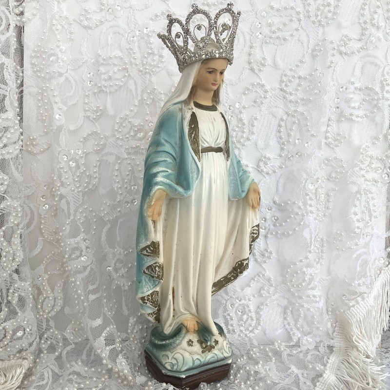 Vintage Chalkware Virgin Mary Statue, Crowned Antique Our Lady of Grace, Rhinestone Crown