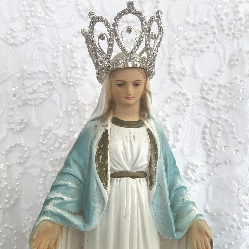 Vintage Chalkware Virgin Mary Statue, Crowned Antique Our Lady of Grace, Rhinestone Crown