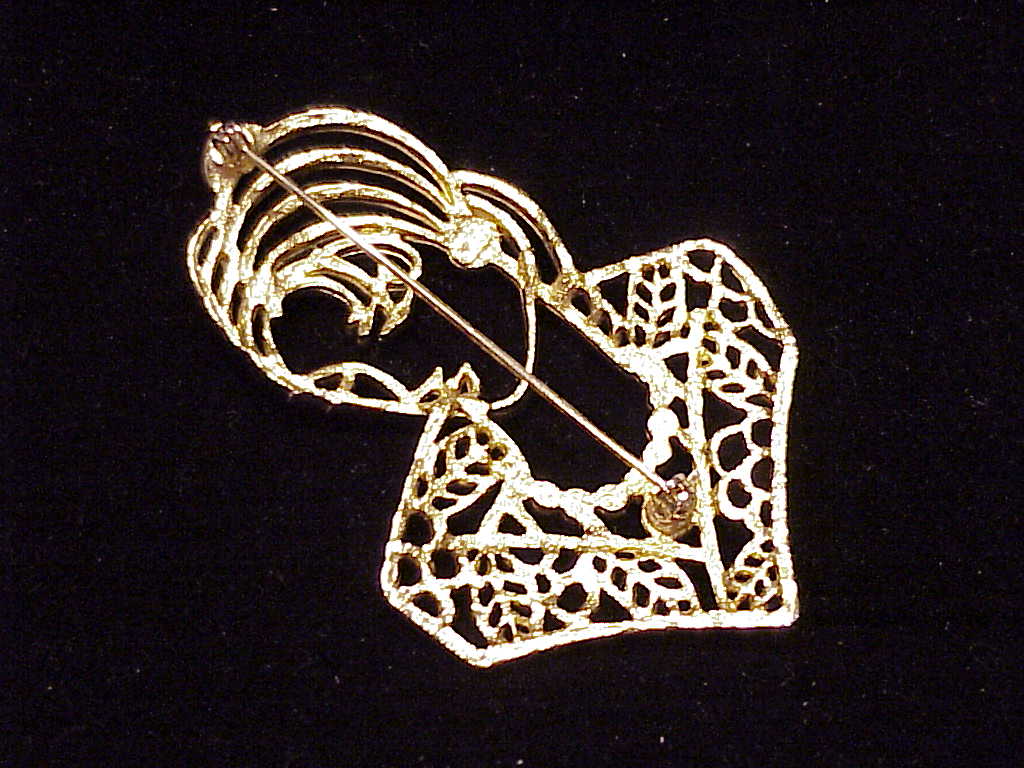 Filigree Style Woman'S Head Brooch With Pearls Signed Jj