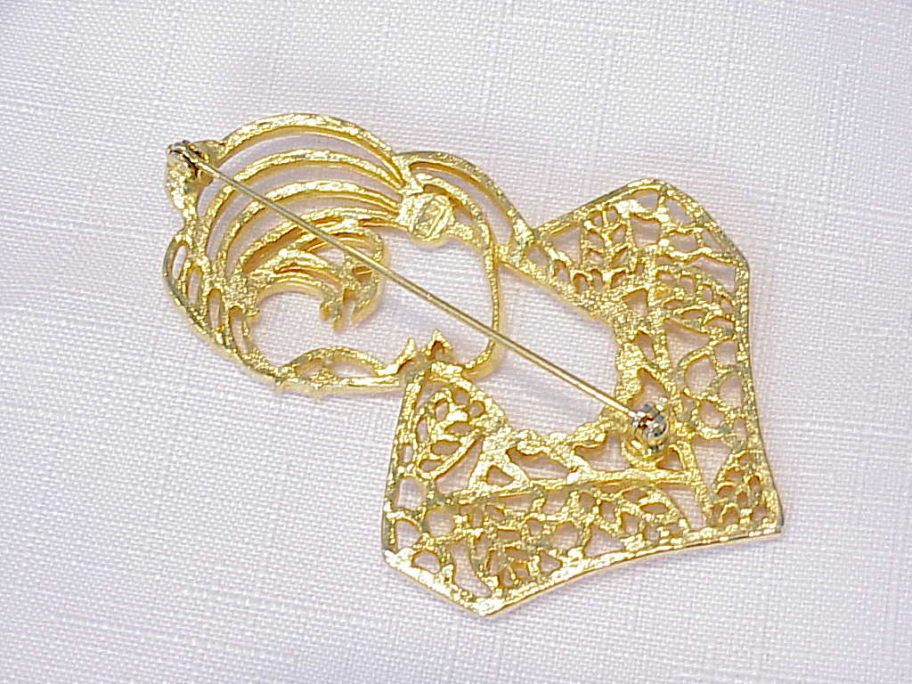 Filigree Style Woman'S Head Brooch With Pearls Signed Jj