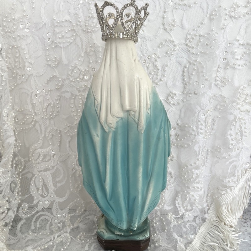 Vintage Chalkware Virgin Mary Statue, Crowned Antique Our Lady of Grace, Rhinestone Crown