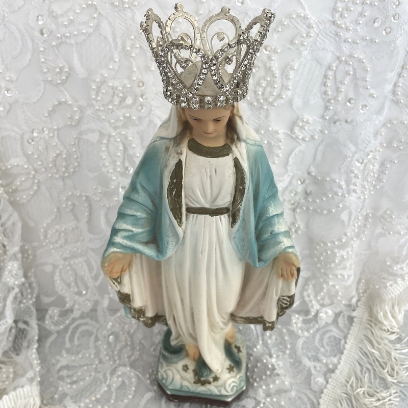 Vintage Chalkware Virgin Mary Statue, Crowned Antique Our Lady of Grace, Rhinestone Crown