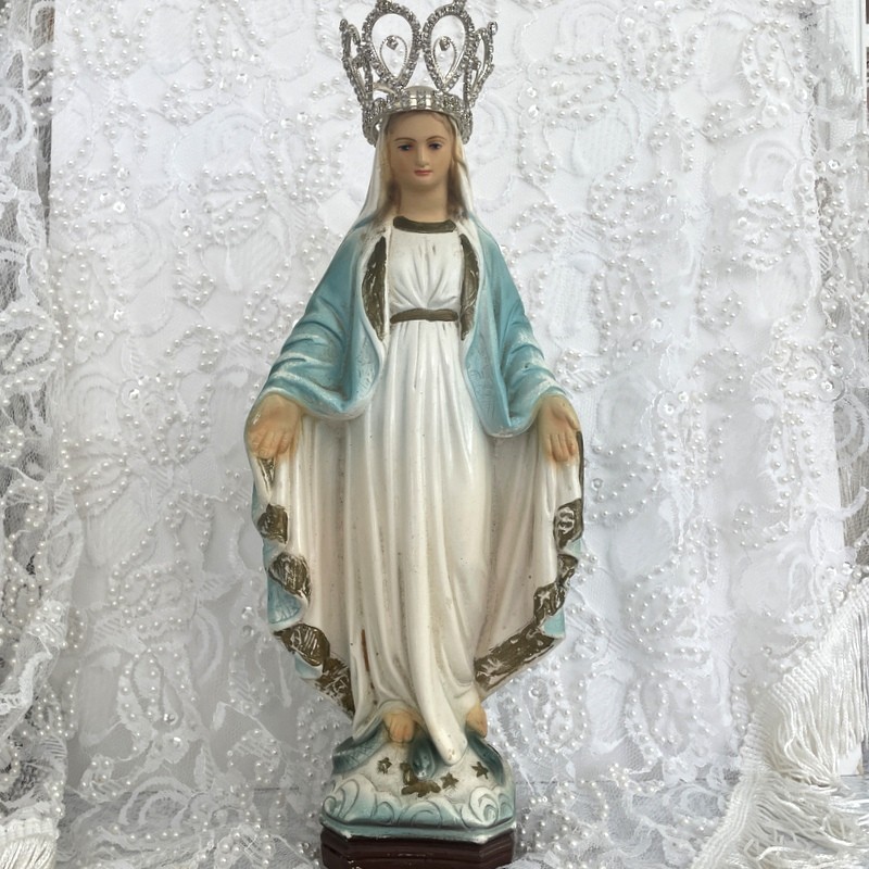 Vintage Chalkware Virgin Mary Statue, Crowned Antique Our Lady of Grace, Rhinestone Crown