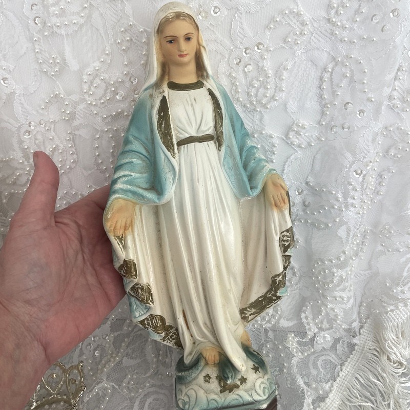 Vintage Chalkware Virgin Mary Statue, Crowned Antique Our Lady of Grace, Rhinestone Crown