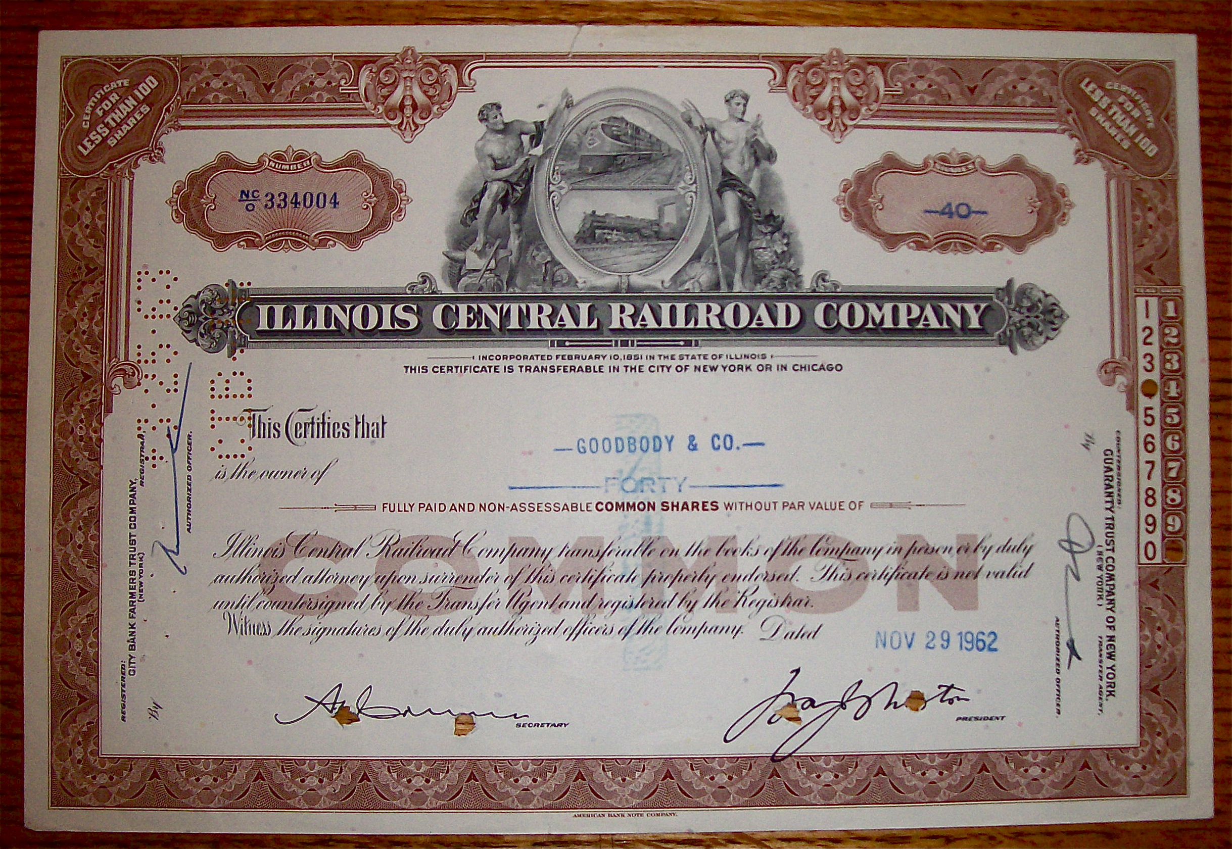 1962 Illinois Central Railroad Company Stock