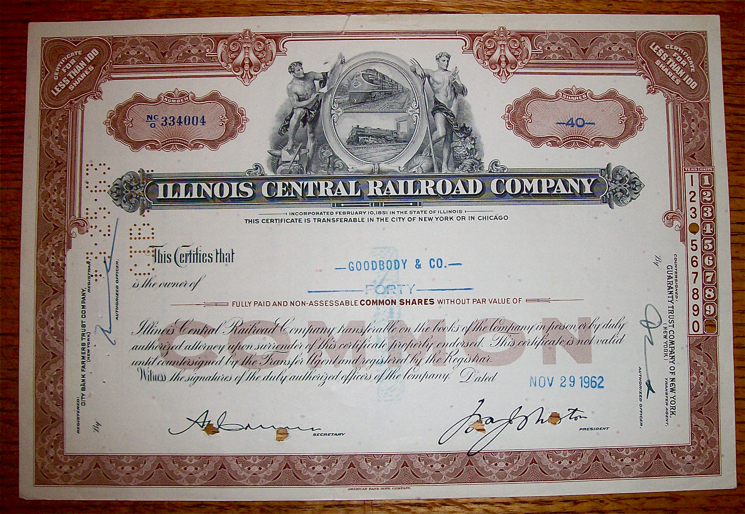 1962 Illinois Central Railroad Company Stock