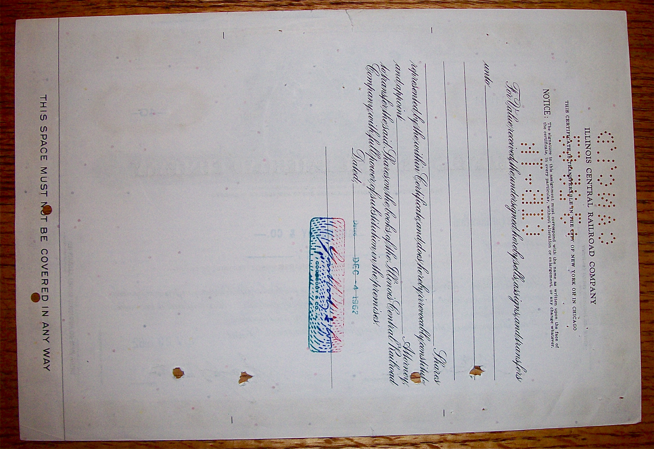 1962 Illinois Central Railroad Company Stock