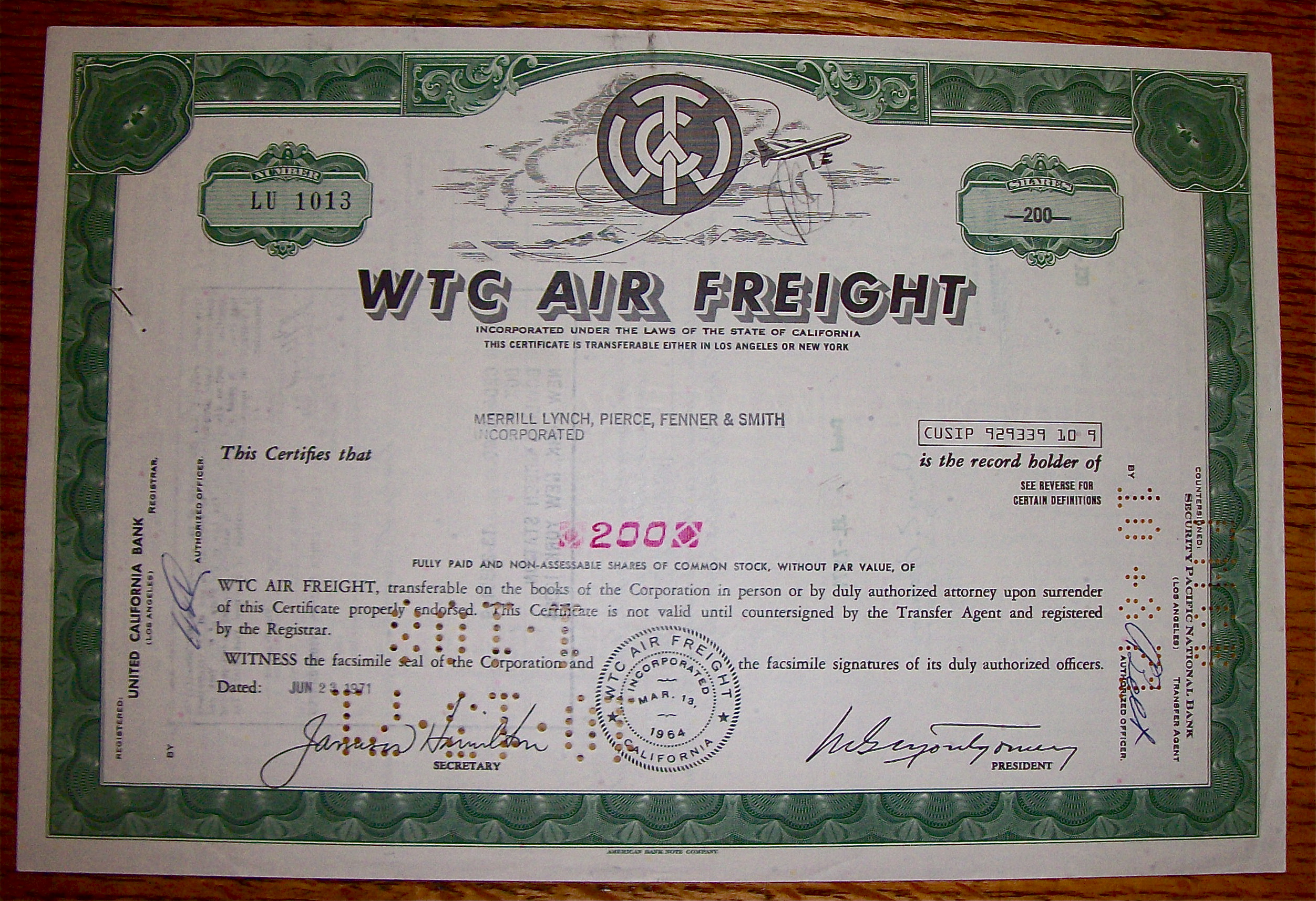 1971 WTC Air Freight Stock Certificate