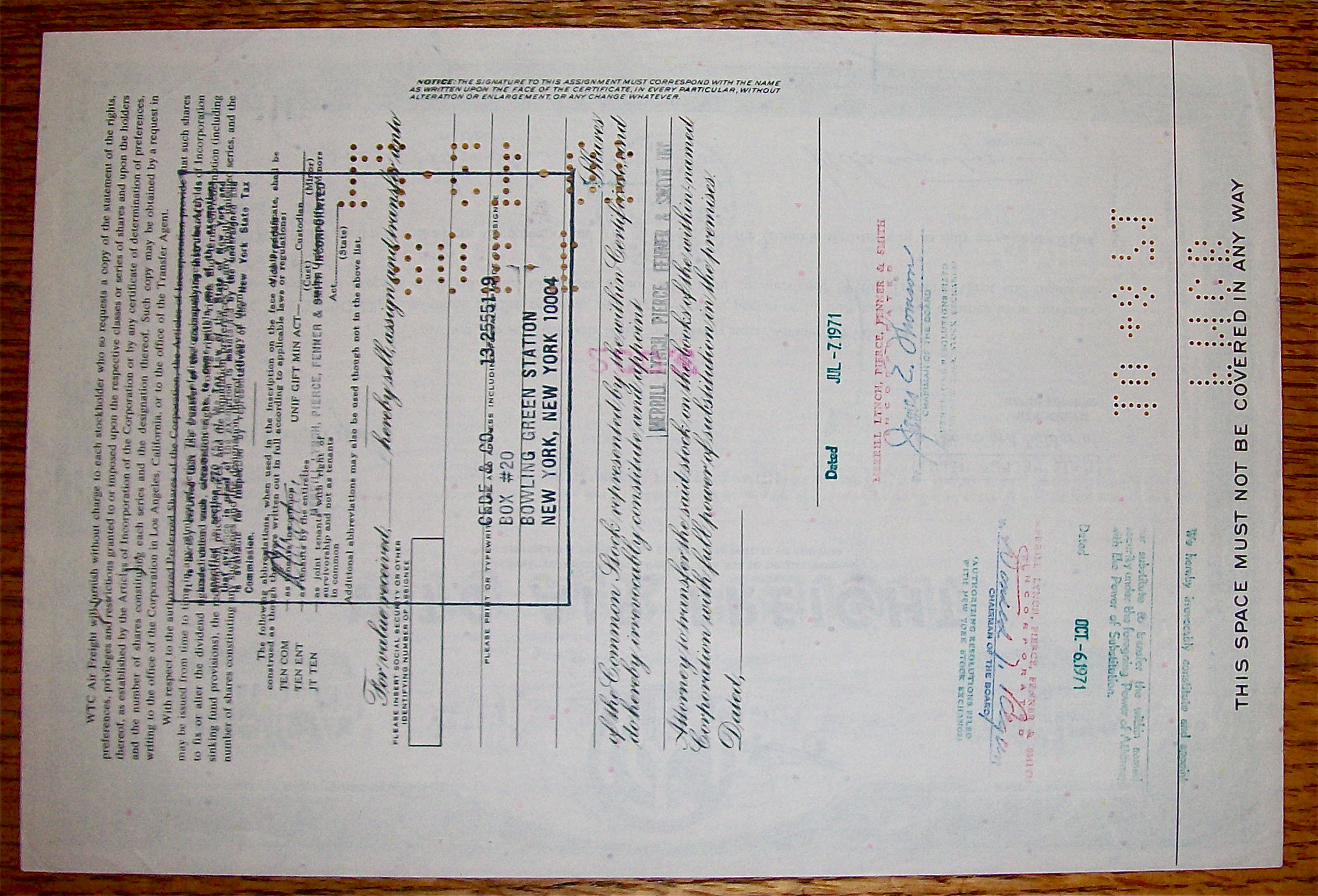 1971 WTC Air Freight Stock Certificate