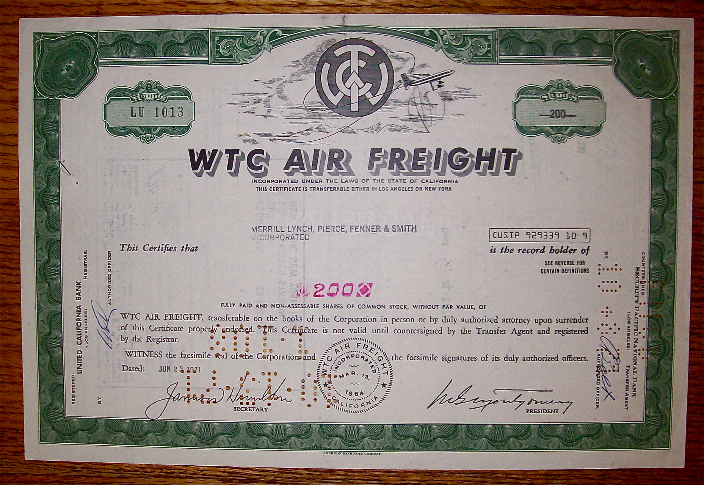 1971 WTC Air Freight Stock Certificate