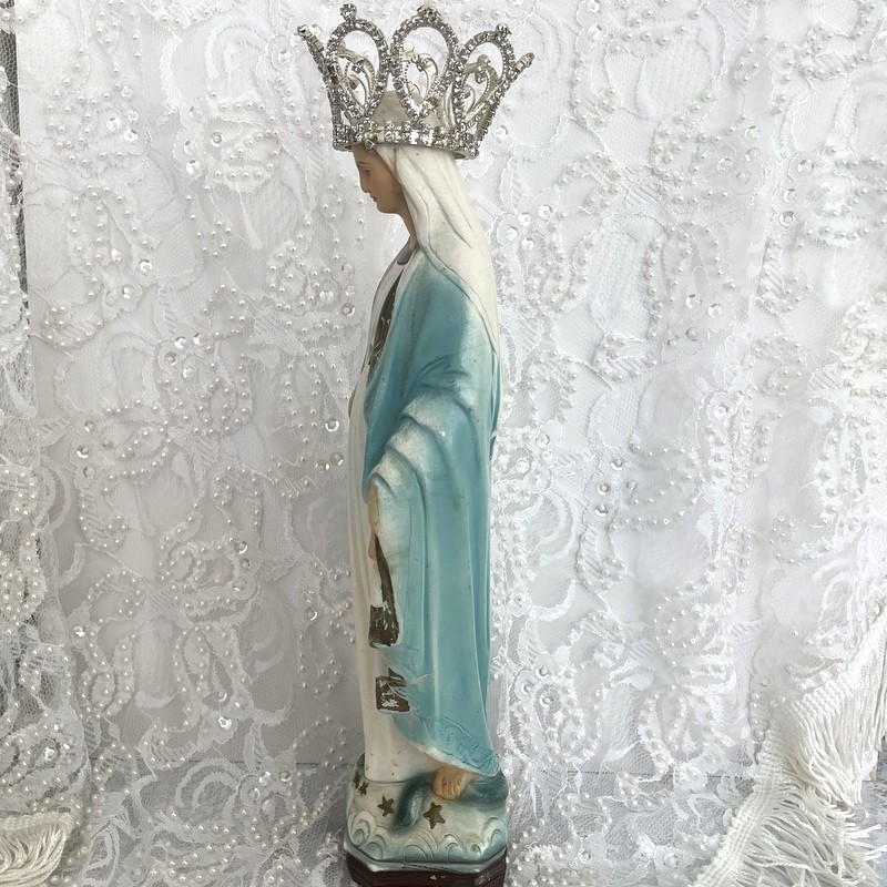 Vintage Chalkware Virgin Mary Statue, Crowned Antique Our Lady of Grace, Rhinestone Crown