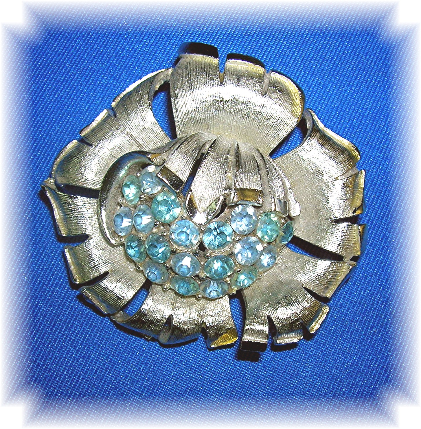 Silvertone Blue Rhinestone CORO Brooch Pin