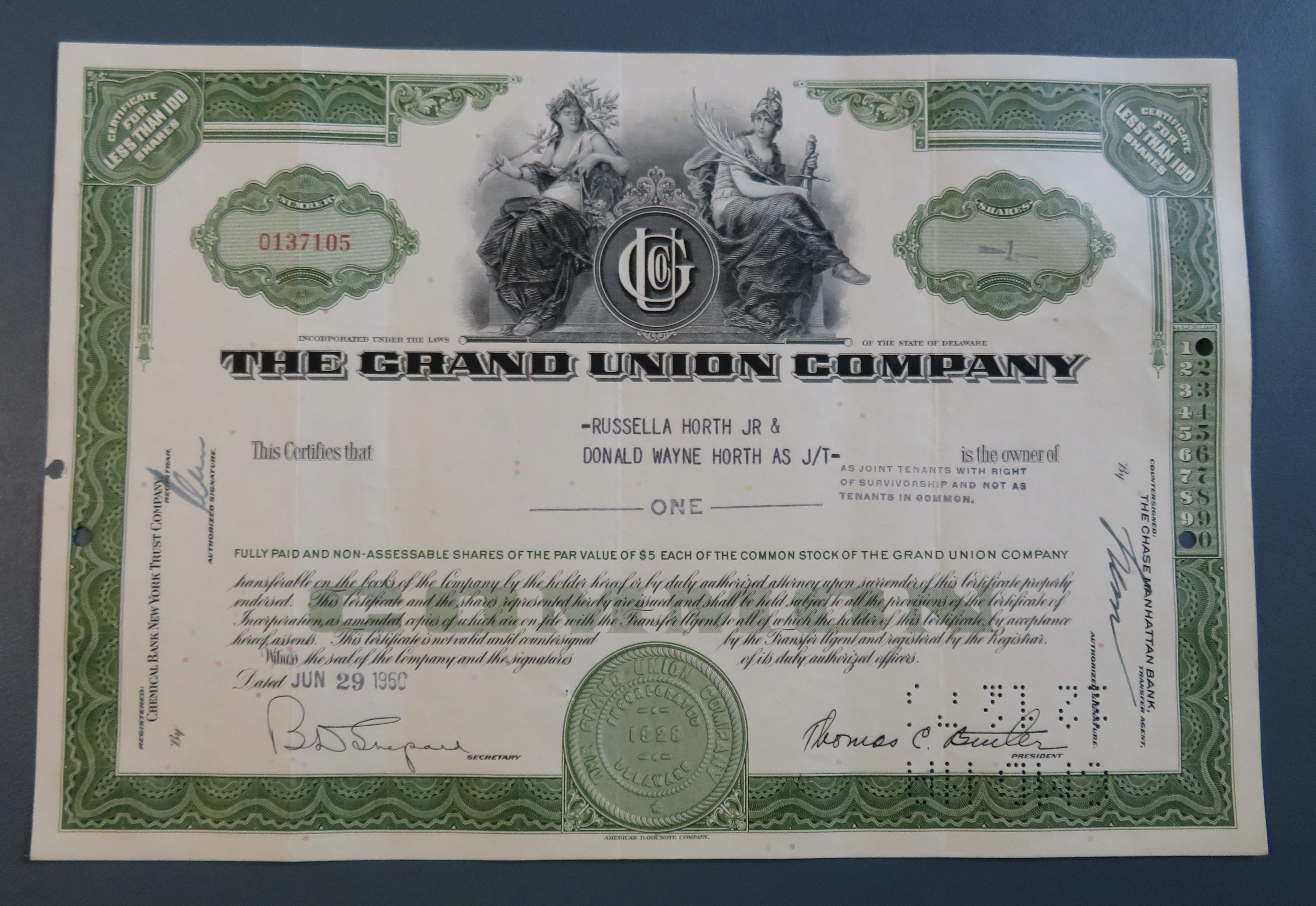 1950 The Grand Union Company Stock Certificate